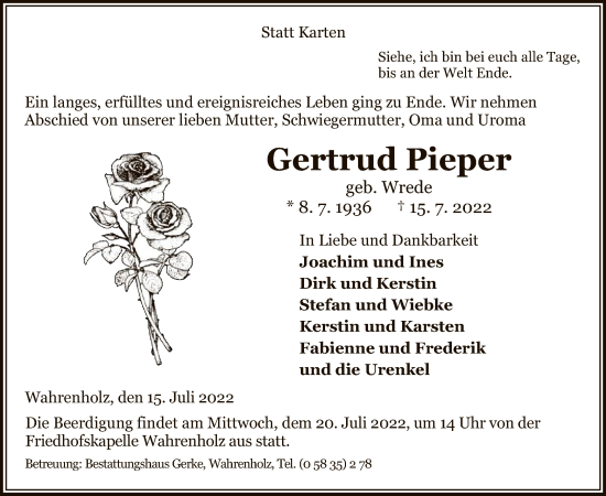 Traueranzeige von Gertrud Pieper von UEL