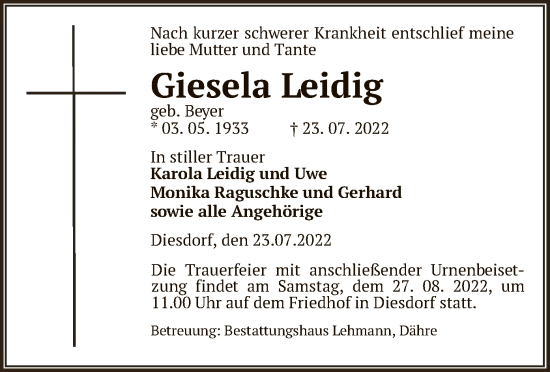 Traueranzeige von Giesela Leidig von UEL