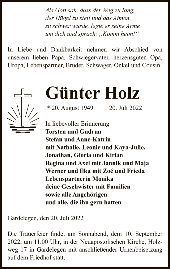 Traueranzeige von Günter Holz von UEL