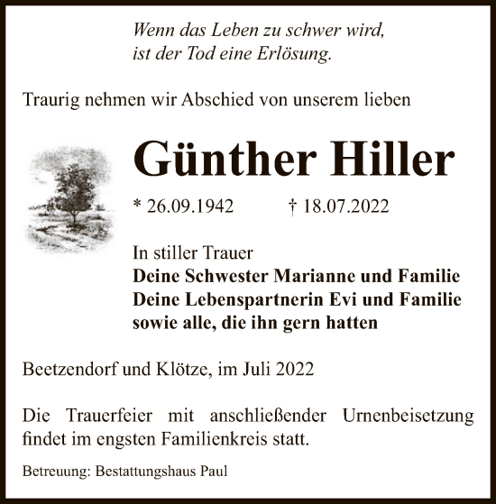 Traueranzeige von Günther Hiller von UEL