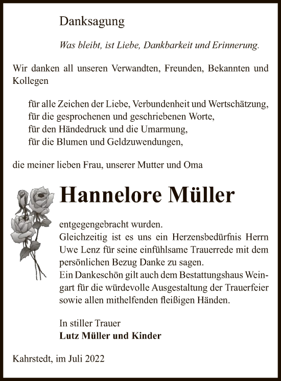 Traueranzeige von Hannelore Müller von UEL