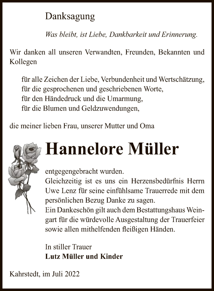  Traueranzeige für Hannelore Müller vom 16.07.2022 aus UEL