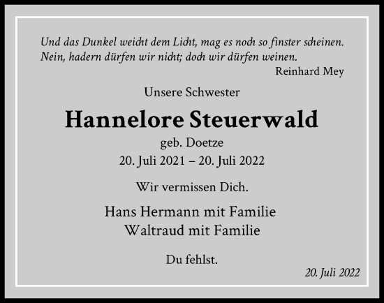 Traueranzeige von Hannelore Steuerwald von UEL