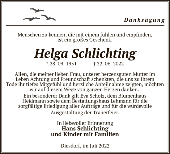 Traueranzeige von Helga Schlichting von UEL