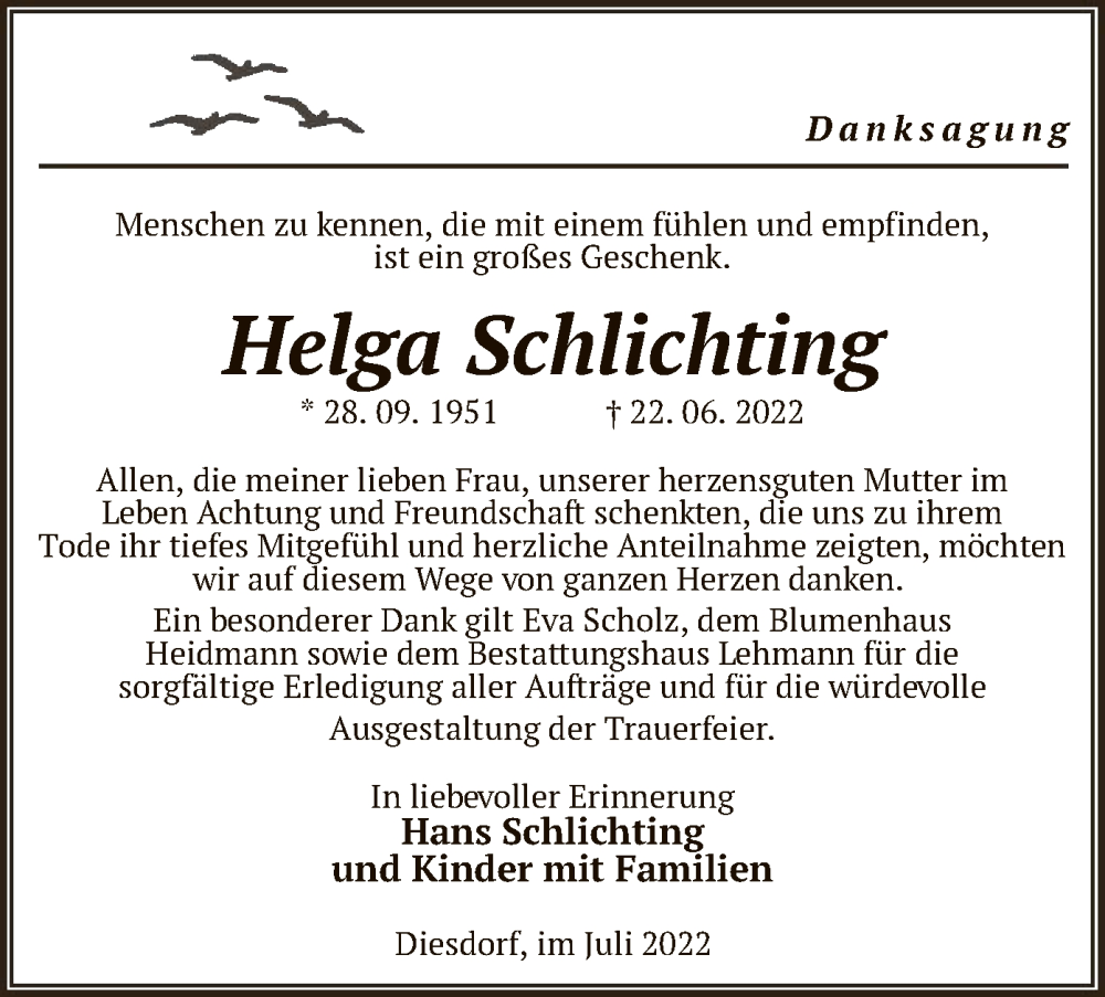  Traueranzeige für Helga Schlichting vom 13.07.2022 aus UEL