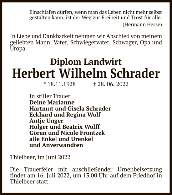 Traueranzeige von Herbert Wilhelm Schrader von UEL