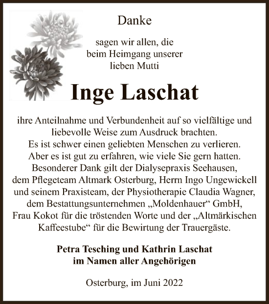 Traueranzeige von Inge Laschat von UEL