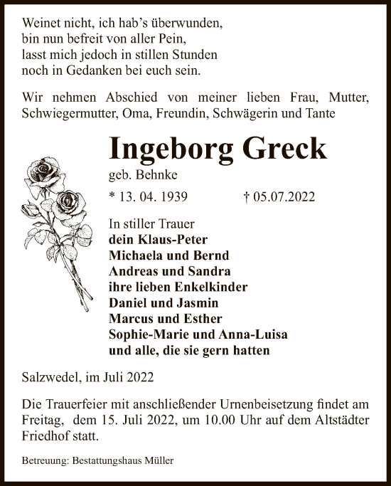 Traueranzeige von Ingeborg Greck von UEL