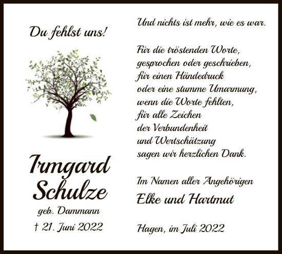 Traueranzeige von Irmgard Schulze von UEL