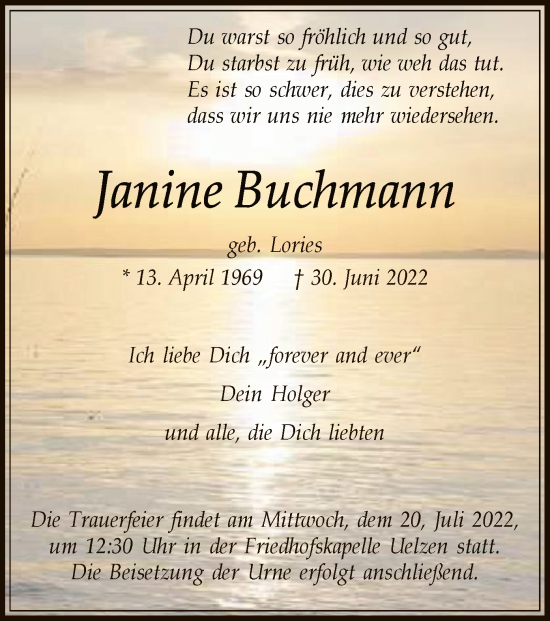 Traueranzeige von Janine Buchmann von UEL