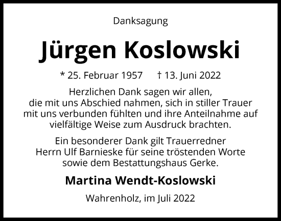 Traueranzeige von Jürgen Koslowski von UEL