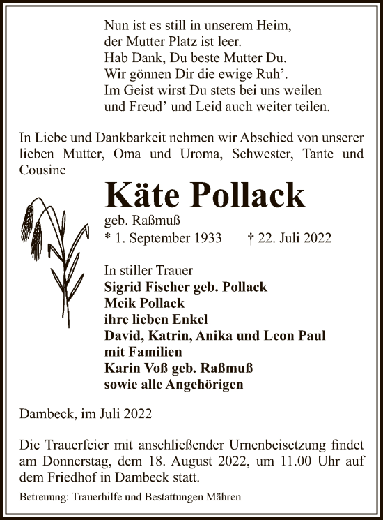 Traueranzeige von Käte Pollack von UEL