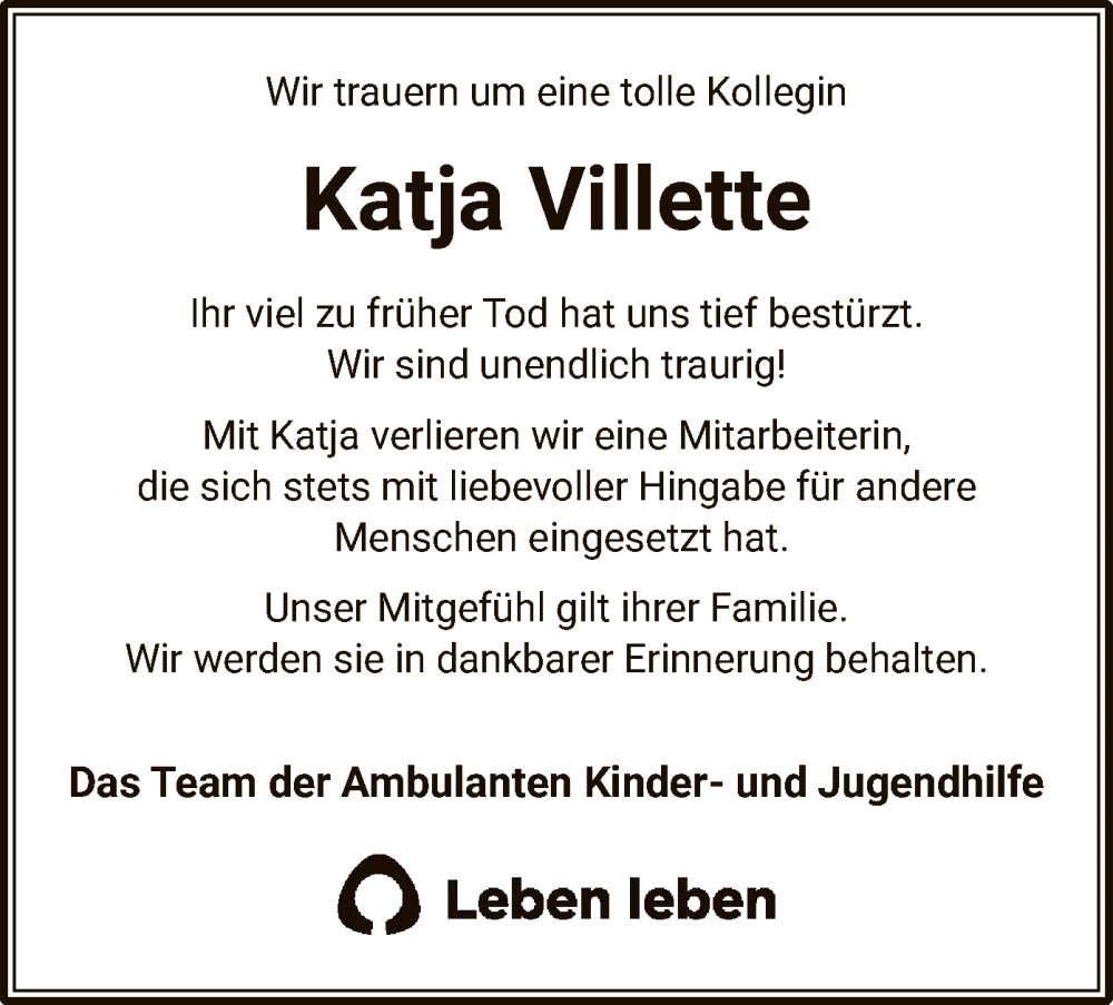  Traueranzeige für Katja Villette vom 28.07.2022 aus UEL