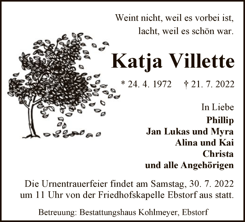  Traueranzeige für Katja Villette vom 27.07.2022 aus UEL