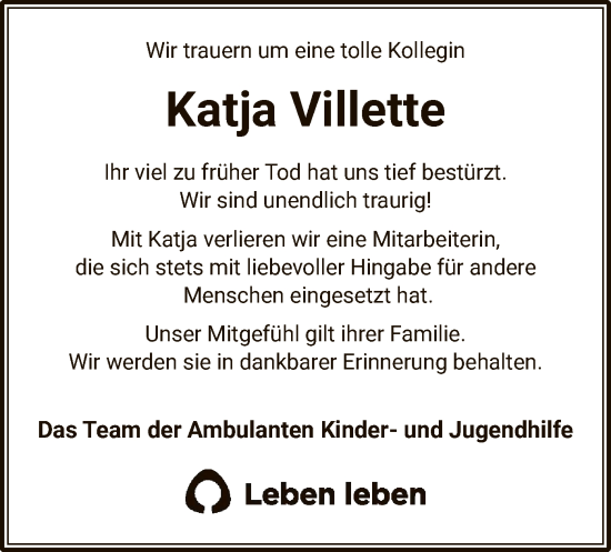 Traueranzeige von Katja Villette von UEL