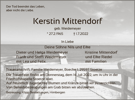 Traueranzeige von Kerstin Mittendorf von UEL