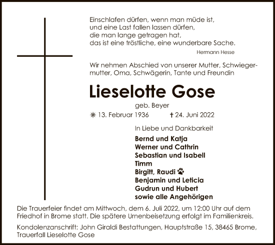 Traueranzeige von Lieselotte Gose von UEL