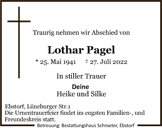 Traueranzeige von Lothar Pagel von UEL