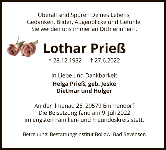 Traueranzeige von Lothar Prieß von UEL