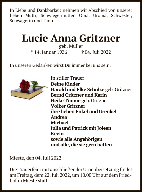 Traueranzeige von Luzie-Anna Gritzner von UEL