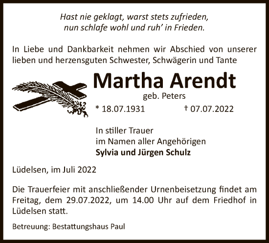 Traueranzeige von Martha Arendt von UEL