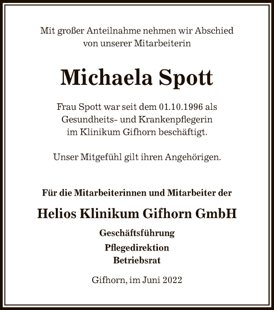 Traueranzeige von Michaela Spott von UEL