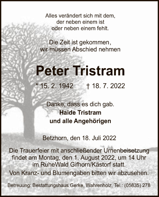 Traueranzeige von Peter Tristram von UEL