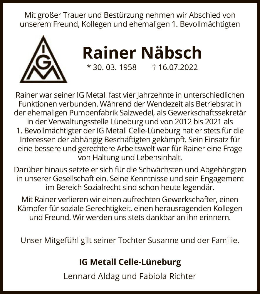 Traueranzeige für Rainer Näbsch vom 22.07.2022 aus UEL