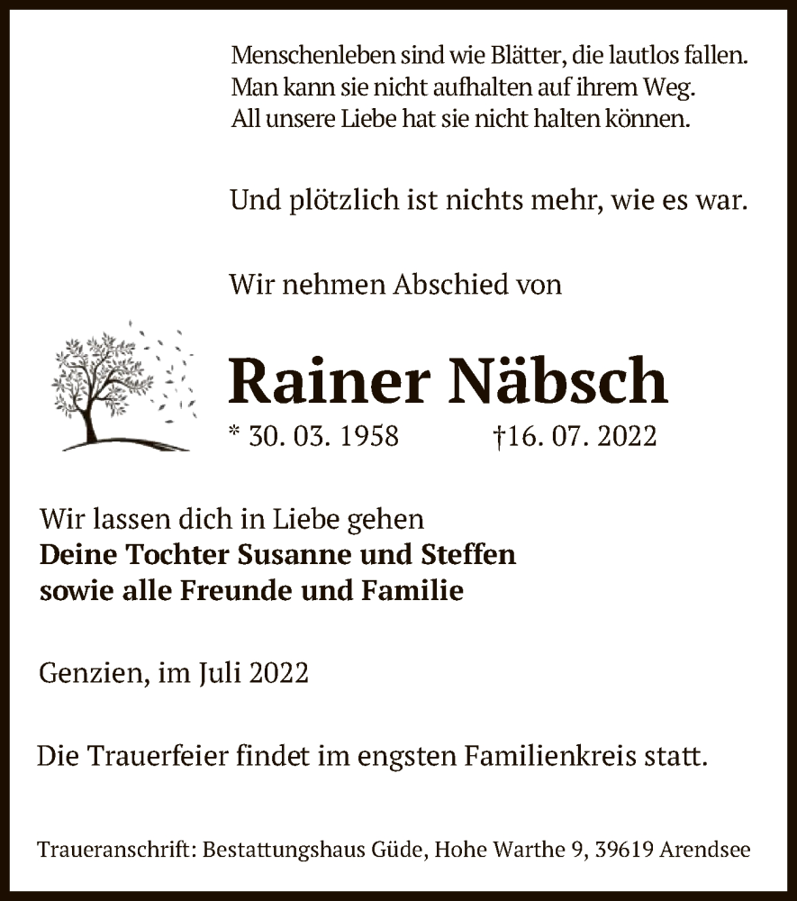  Traueranzeige für Rainer Näbsch vom 20.07.2022 aus UEL
