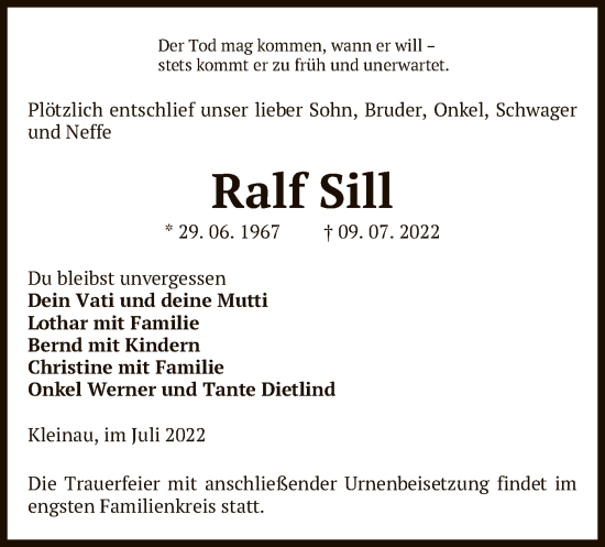 Traueranzeige von Ralf Sill von UEL