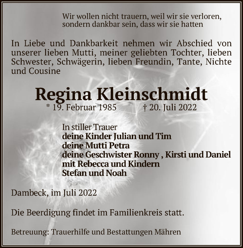  Traueranzeige für Regina Kleinschmidt vom 23.07.2022 aus UEL