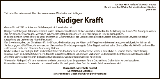 Traueranzeige von Rüdiger Krafft von UEL