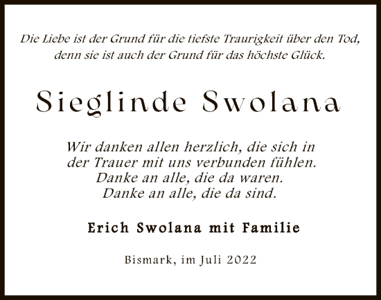 Traueranzeige von Sieblinde Swolana von UEL