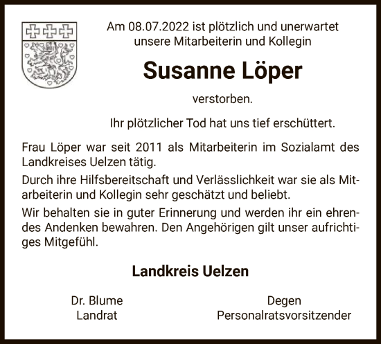 Traueranzeige von Susanne Löper von UEL