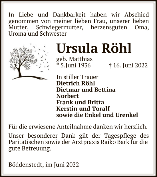 Traueranzeige von Ursula Röhl von UEL