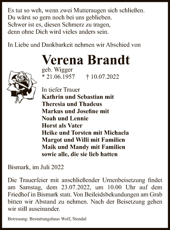 Traueranzeige von Verena Brandt von UEL