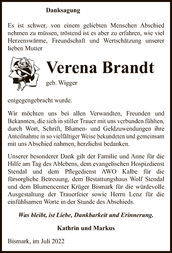 Traueranzeige von Verena Brandt von UEL
