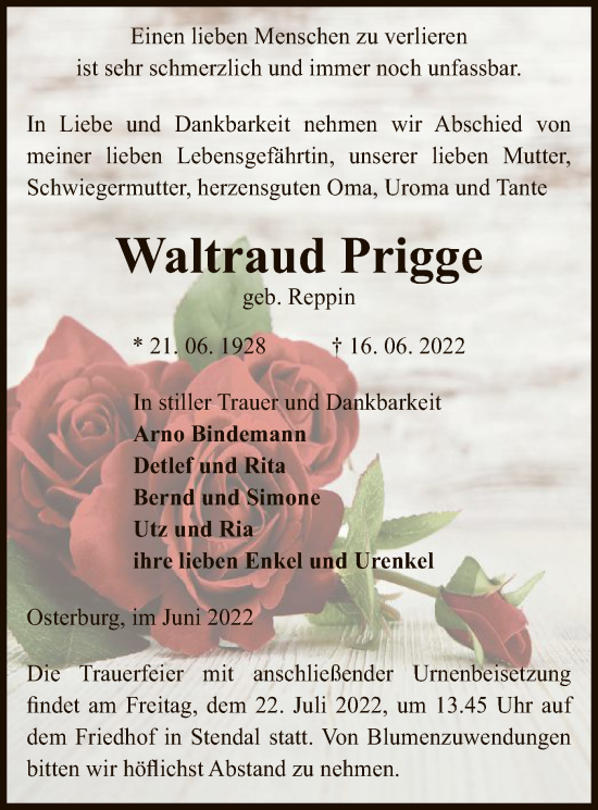 Traueranzeige von Waltraud Prigge von UEL