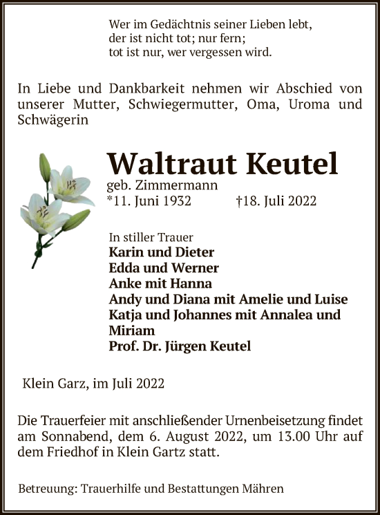 Traueranzeige von Waltraut Keutel von UEL