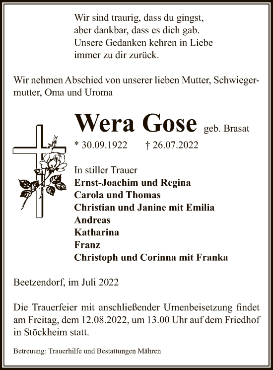 Traueranzeige von Wera Gose von UEL