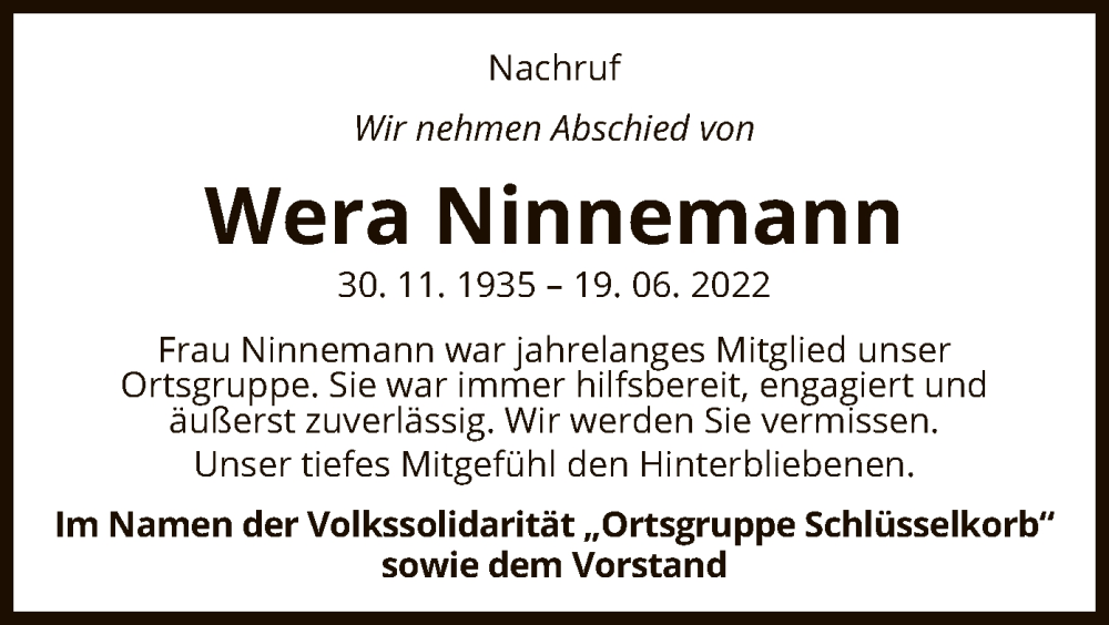  Traueranzeige für Wera Ninnemann vom 13.07.2022 aus UEL