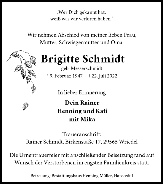 Traueranzeige von Brigitte Schmidt von UEL