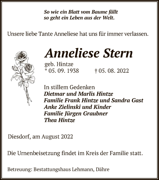 Traueranzeige von Anneliese Stern von UEL