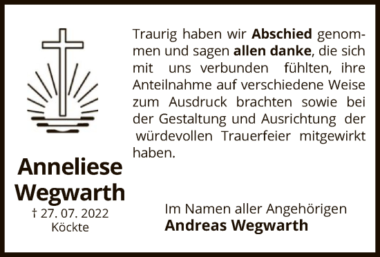 Traueranzeige von Anneliese Wegwarth von UEL