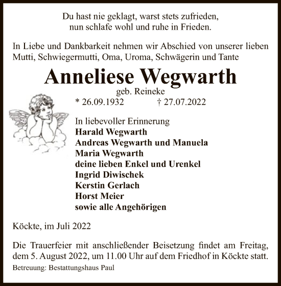 Traueranzeige von Anneliese Wegwarth von UEL