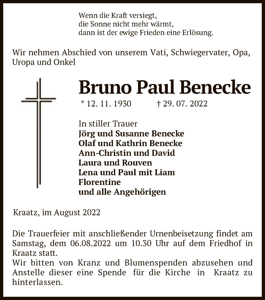  Traueranzeige für Bruno Paul Benecke vom 02.08.2022 aus UEL