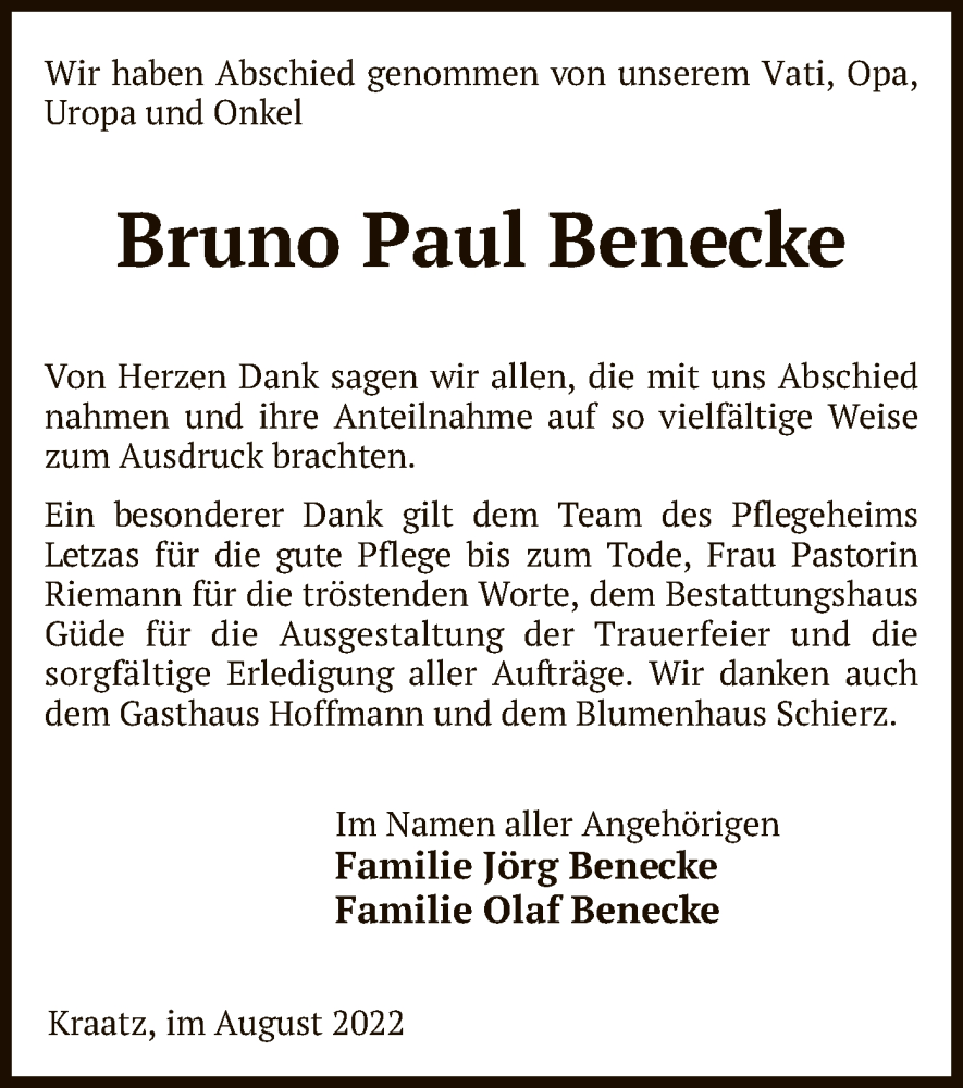  Traueranzeige für Bruno Paul Benecke vom 26.08.2022 aus UEL