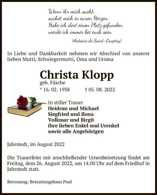 Traueranzeige von Christa Klopp von UEL