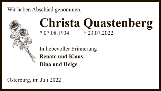 Traueranzeige von Christa Quastenberg von UEL