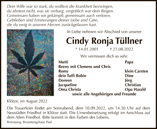 Traueranzeige von Cindy Ronja Tüllner von UEL